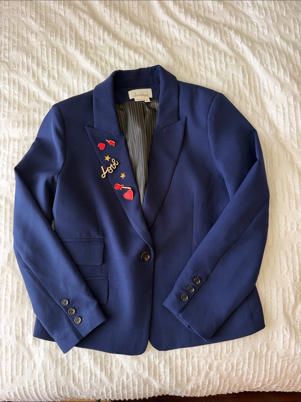 Anthropologie Navy Blazer with Red Heart Embroidery
